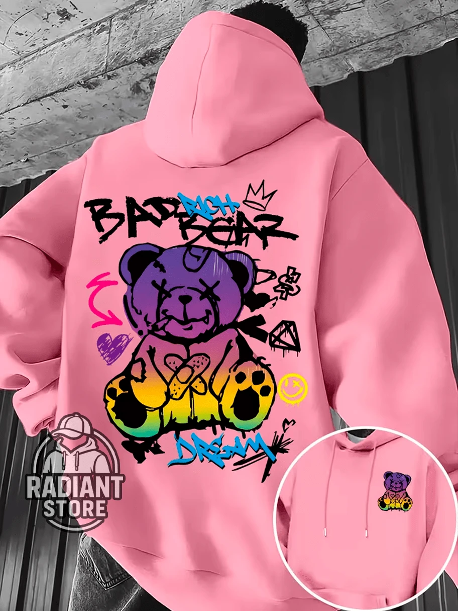 Comfortable Basic Sweatshirt For Everyday Wear, Bear Print, Street Style, Colorful Animal Print, Streetwear Art, Urban Culture, Street Fashion, Street, Graffiti, Skater, Unisex, Men's And Women's Sweatshirt, 50% Cotton 50% Polyester, Premium Streetwear Top, New Release, Immediate Shipping, Various Colors!! - 淺粉色 - 查看 1