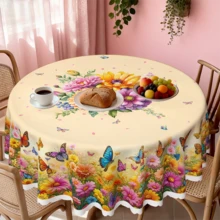 1pc Polyester Floral & Butterfly Pattern Tablecloth, Includes Round, Rectangular And Square Designs. Suitable For Kitchen, Wedding, Party And Outdoor Picnic Use, Washable Decorative Tablecloth. - A - View 4