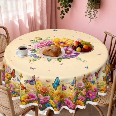 1 chiếc khăn trải bàn họa tiết hoa bướm, được làm từ chất liệu polyester, với các họa tiết hình tròn, hình chữ nhật và hình vuông. Đây là vật dụng lý tưởng để trải bàn trong nhà bếp, đám cưới, tiệc tùng và dã ngoại ngoài trời, và cũng là một chiếc khăn trải bàn trang trí có thể giặt được.