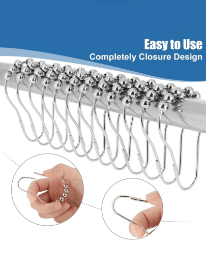 12/24pcs Heavy Duty Anti-Rust Plated Shower Curtain Hooks With Smooth Ball Bearing Rollers, Made Of Cast Iron