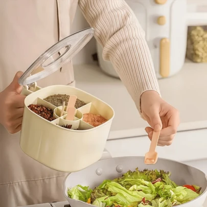 1 pieza Frasco de especias de cocina minimalista de 4 compartimentos con tapa, caja de almacenamiento multiusos para condimentos, sal, azúcar