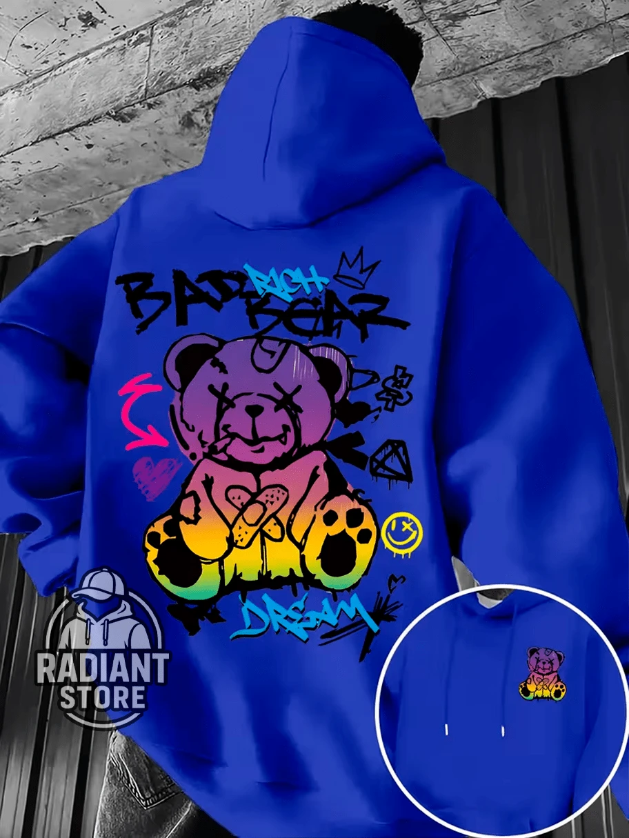 Comfortable Basic Sweatshirt For Everyday Wear, Bear Print, Street Style, Colorful Animal Print, Streetwear Art, Urban Culture, Street Fashion, Street, Graffiti, Skater, Unisex, Men's And Women's Sweatshirt, 50% Cotton 50% Polyester, Premium Streetwear Top, New Release, Immediate Shipping, Various Colors!! - 寶藍色 - 查看 1