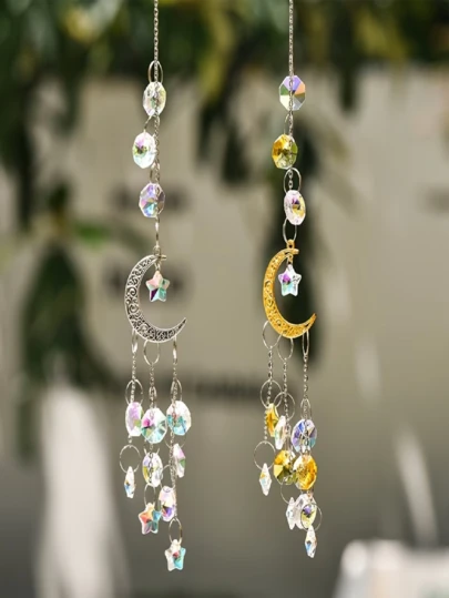 1 pieza Arcoíris Creador de Luna y Estrella Plateado-Dorado, Diseñado para Colgar en Ventanas, con 6 Ganchos, Ideal para Decorar la Casa, el Jardín y el Dormitorio durante las Vacaciones. Este artículo de calidad de regalo cuenta con un Atrapador de Estrellas para crear un efecto caleidoscópico.