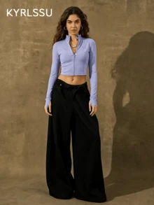 ZULIZ KYRLSSU Women's Zip-Up Stand Collar Cropped Long Sleeve Workout Top, Yoga Athletic Thumb Hole Fitted Jacket - Blue - View 2