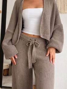 Women's Premium Mousse Knit Set: Cardigan Jacket And Wide-Leg Pants With Tie Detail, Musse Yarn Knit, Blogger Style, Belize - 榛子 - 查看 2