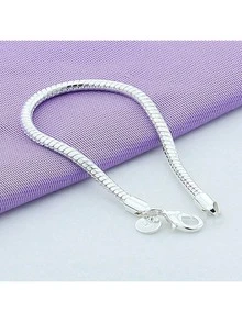 Silver Plated 3mm Snake Chain Bracelet, Women's Wedding Engagement Jewelry - Silver - View 2