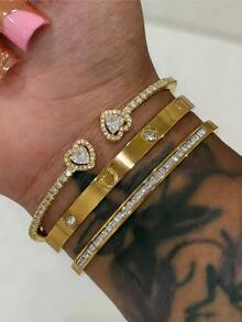 Bộ 3 vòng tay bằng thép không gỉ mạ vàng 18K hình trái tim đính kim cương, vòng tay hở đính đá Cubic Zirconia bằng đồng, bộ vòng tay thời trang dành cho nữ đeo hàng ngày, quà tặng ngày lễ. - Vàng - Xem 8