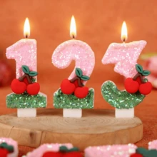 1支数字生日蜡烛，0-9多色闪光数字蜡烛，樱桃装饰蛋糕蜡烛，可爱主题数字蜡烛，派对庆祝 - 多色 - 查看 3