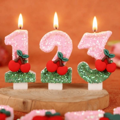 1 pieza Vela de cumpleaños con número, Vela con número multicolor brillante de 0 a 9, Vela de pastel decorada con cereza, Vela digital con tema lindo, Celebración de fiesta