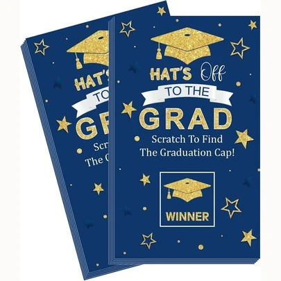 Trò chơi thẻ cào tốt nghiệp năm 2026, Trò chơi tiệc tốt nghiệp, Trang trí tiệc tốt nghiệp màu xanh dương và vàng.