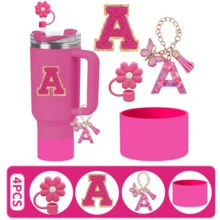 4pcs/Set Cup Accessories, Excluding Cup (30-40oz) - Accessories Include: 1 Straw Topper, 1 Letter Charm, 1 Silicone Cup Base, 1 Letter Sticker, Daily & Holiday Surprise Gift - Hot Pink - View 2