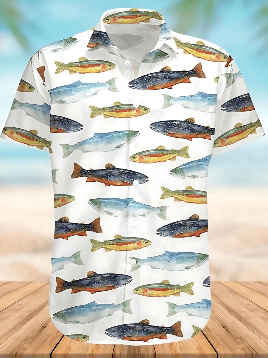 3d Fish Print Hawaiian Shirts For Men New Men's Shirt Casual Unisex Clothing Summer Quick Dry Short Sleeve Shirt Tops - A508D-AL23163 - 查看 1