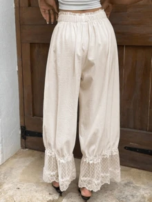 Women Vacation Lace Trim Wide Leg Cropped Pants Elastic Drawstring Waist Ruffle Hem Pants - 杏色 - 查看 2