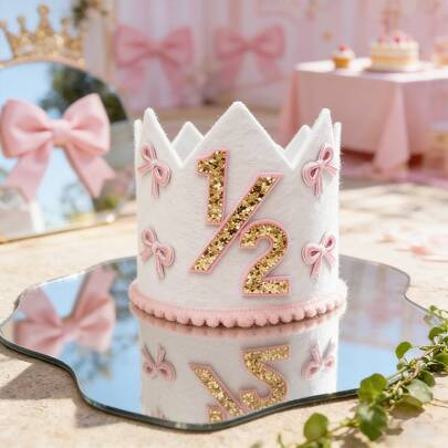 1件粉色和白色蝴蝶结皇冠毛毡帽 - 蝴蝶结半岁皇冠帽，半岁生日派对装饰，甜美风格6个月主题装饰（粉色半皇冠）