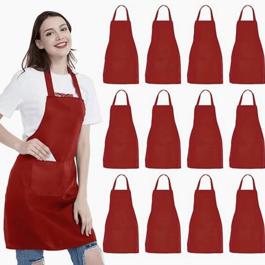 12 Pack Bib Apron, Unisex Adjustable With 2 Pockets, Restaurant Kitchen Aprons, Water And Oil Resistant, Cooking Kitchen Chef Apron For Women Men, Chef Aprons For Cooking Men BBQ Painting Drawing Craft Plain Adults - 12-piece Burgundy Apron Set - View 1