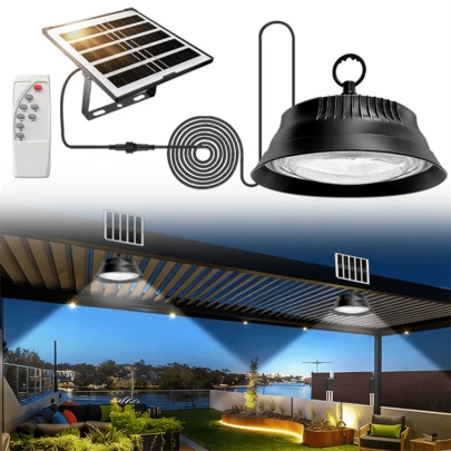 1 đèn LED năng lượng mặt trời treo, đèn treo ngoài trời, đèn LED năng lượng mặt trời cho nhà để xe, đèn sân vườn năng lượng mặt trời độ sáng cao, có điều khiển từ xa, ánh sáng trắng, thích hợp cho quảng trường, nhà kho và trang trí sân vườn, đèn chiếu sáng ngoài trời năng lượng mặt trời cho hiên nhà.