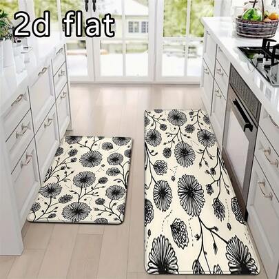 1 pieza/2 piezas/3 piezas Elegante alfombra de cocina floral en blanco y negro, alfombra absorbente antideslizante, adecuada para decoración del hogar, cocina, comedor o baño, de moda y práctica. Felpudo de entrada y sala de estar para interiores/exteriores, lavable a máquina, alfombra de baño