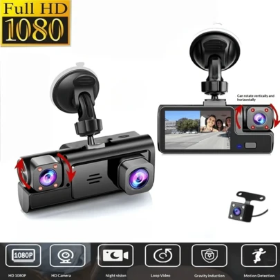 3-Channel 1080P Front & 480P Rear Dash Cam, Built-In 720P Lens, Supports Infrared Night Vision, Equipped With 3 Lens Panoramic Car DVR, 2-Inch LCD Display 3-Lens Car Dash Cam, Wide Angle Dashboard Camera. Battery Capacity: 150mAh