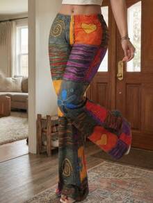 Pantalon évasé à imprimé bohème aléatoire pour préadolescentes, pantalon décontracté vintage hippie à taille élastique, tenue de rue rétro décontractée Y2K - Multicolore - Voir 2