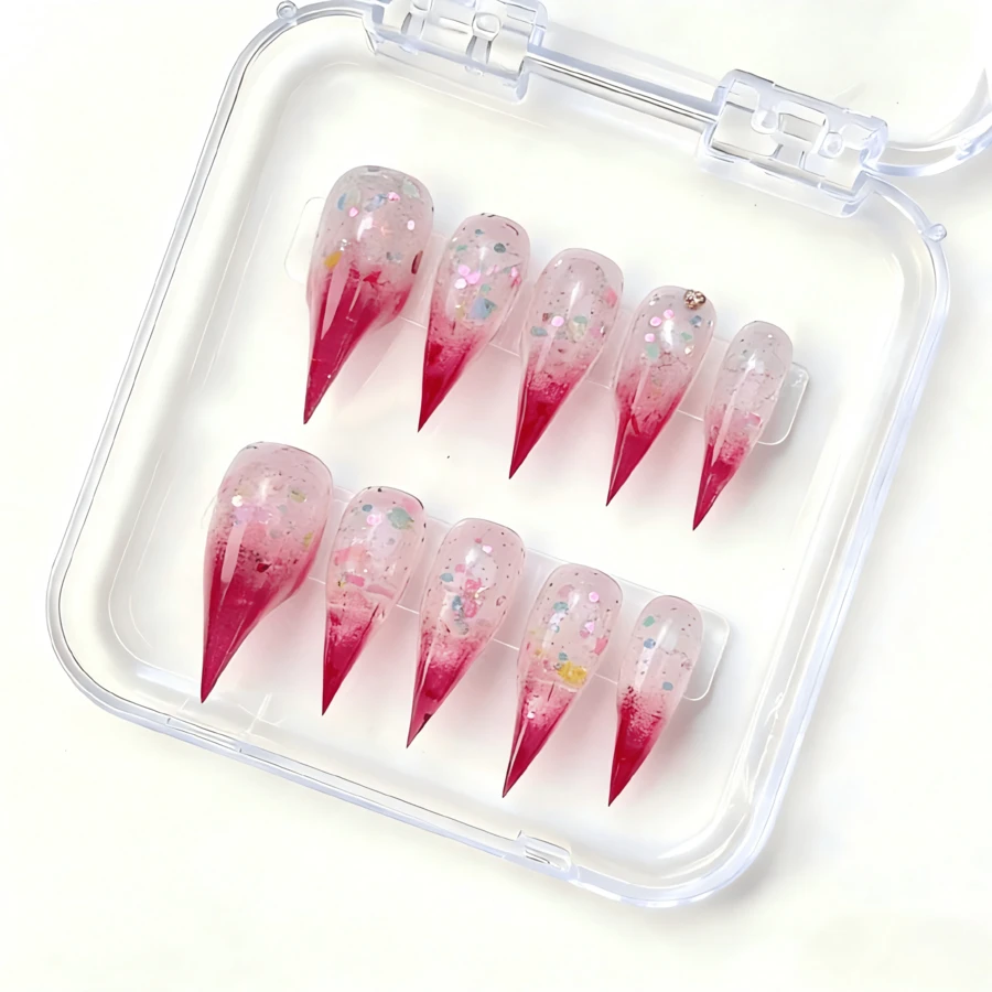 Mnails 10 PCS Handmade Cat Claw Press-On Nails | Vibrant Red-Clear Gradient Bling Nails With Sparkling Star & Glitter Designs, Bold Edgy & Stunning Nail Art For Fashion Party Looks (Tool Kit Included) - 彩色 - 查看 1