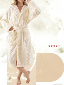 1pc Coral Fleece Hooded Robe, 3D Tortoiseshell Pattern, Soft & Comfortable Absorbent Loungewear - White - View 4