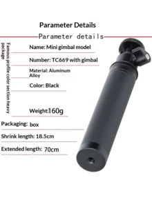 Gậy selfie kéo dài bằng hợp kim nhôm với đầu gimbal, điều chỉnh độ cao từ 18,5-70cm, có thể nghiêng 90°, vít 1/4" và tay cầm chống trượt, thích hợp cho gimbal điện thoại thông minh, camera hành động, vlog, livestream và du lịch. - Xem 7