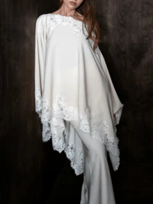 Women's Off One Shoulder Tops Elegant Solid Color Lace Trim Long Sleeve Loose Fit Satin Blouse For Casual Daily Wear - 白色 - 查看 3