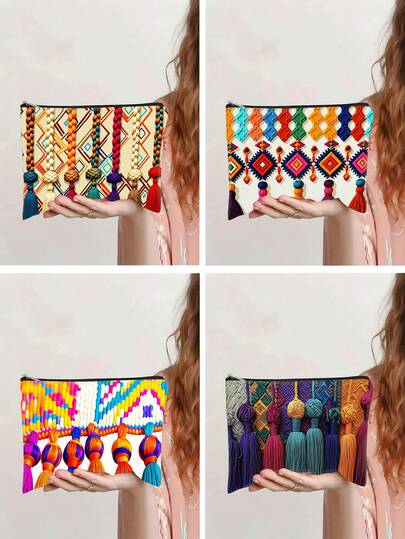 1个波西米亚流苏手拿包，几何印花化妆包，女士便携旅行收纳包