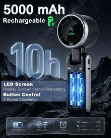 GMOX-5000mAh Portable Handheld Fan, 5 Speeds Cooling, 3-In-1 Personal Fan (Hand/Neck/Desk), 12H Long Lasting Rechargeable Small Fan Travel & Beach, Lightweight 0.6lb - Black - View 4