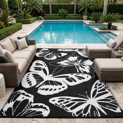 Thảm cỏ nhựa chống thấm nước ngoài trời kích thước 6ft x 9ft, thích hợp cho cắm trại RV, sân hiên, ban công, bãi biển, dã ngoại, thảm hình bướm hai mặt.