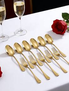 Elegant Gold Flatware Set 12 Piece Stainless Steel Fork And Spoon Set Durable Rust Resistant Smooth Edge Comfortable Grip Premium Silverware Cutlery Set Modern Tableware For Home Kitchen Daily Dining Dinner Party Wedding Restaurant Use Stylish Gold - View 11