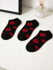 3 Pairs Random Red Lip Pattern Socks, Comfortable Breathable, And Fashionable - Black - View 6