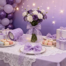 20cm Extra Wide Purple Glitter Hollow Heart Mesh Chair Back Decoration Ribbon, Party Decoration Ribbon, Bouquet Gift Box Decoration Bow Ribbon, Dessert Baking Decoration Ribbon, Suitable For Various Occasions - Lilac Purple - View 5