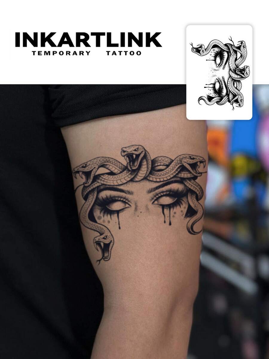 2 Stücke INKARTLINK Auge dekorative temporäre Tattoos, wasserfeste Körperkunst Tattoos, langanhaltend 1-2 Wochen, Fruchtsaft Tattoos geeignet für Männer und Frauen, Muss-haben für Menschen und Partys - Schwarz - Übersicht 1