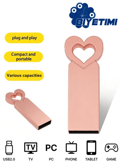 BIYETIMI Unidad flash USB con forma de corazón de metal mini, 64GB rosa portátil USB, 32GB memoria USB de alta velocidad, 128GB unidad USB a prueba de agua negra