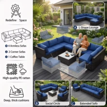7 Piece Modern Rattan Furniture Set, Outdoor Combination Sofa Parlor Set With Cushions And Pillows - Màu xanh hải quân - Xem 8