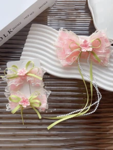2个樱花发夹，新款蕾丝蝴蝶结设计发饰，清新百搭 - 彩色 - 查看 3