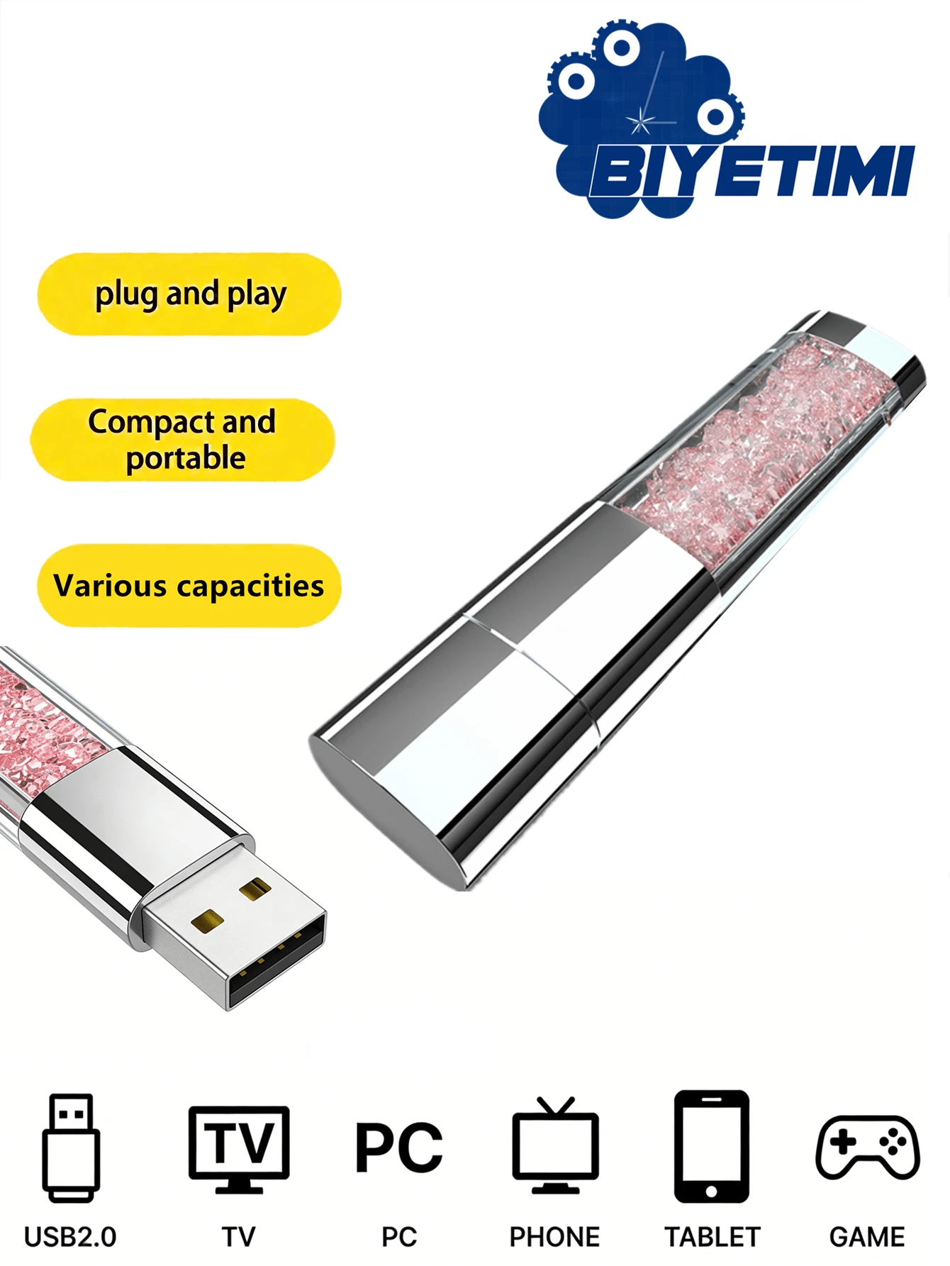 BIYETIMI 128GB Diamond-Shaped Waterproof USB Flash Drive, 64GB Crystal USB Memory Stick, 128GB Gift - Pink - View 1