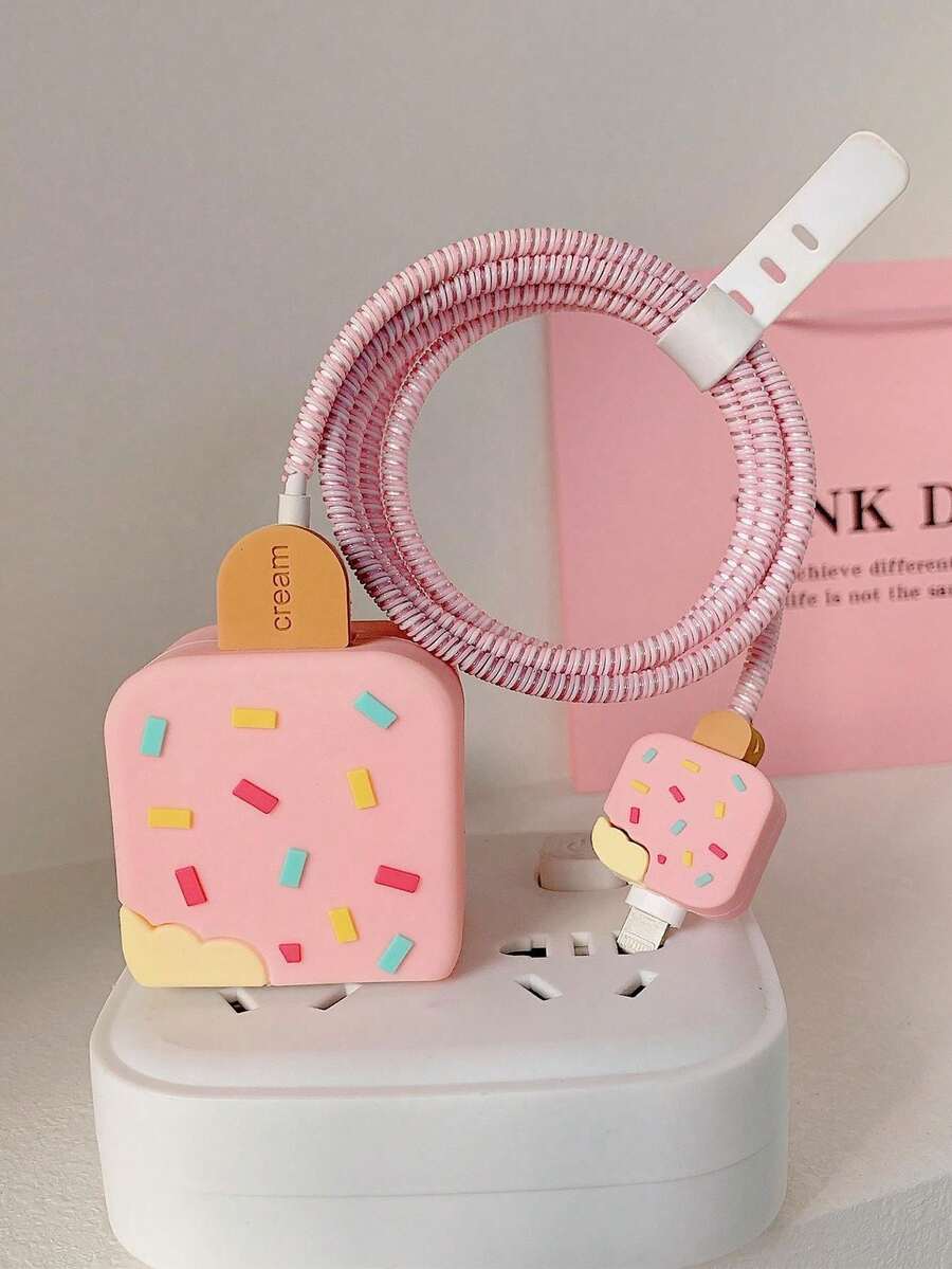 4pcs Ice Cream Shaped Charger Protector Case & Spiral Data Cable Protector Set - Multicolor - View 1