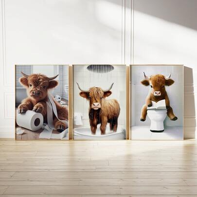 3 ชิ้น ภาพติดผนังห้องน้ำวัวไฮแลนด์ตลกไม่มีกรอบ, ของตกแต่งบ้านไร่สัตว์แปลกๆ, โปสเตอร์วัวสกอตแลนด์แบบชนบท, ภาพพิมพ์อารมณ์ขันแปลกๆ สำหรับห้องน้ำ, รูปภาพติดผนังบ้านสไตล์โมเดิร์น, ของขวัญภาพวาดบนผ้าใบรูปวัวน่ารัก