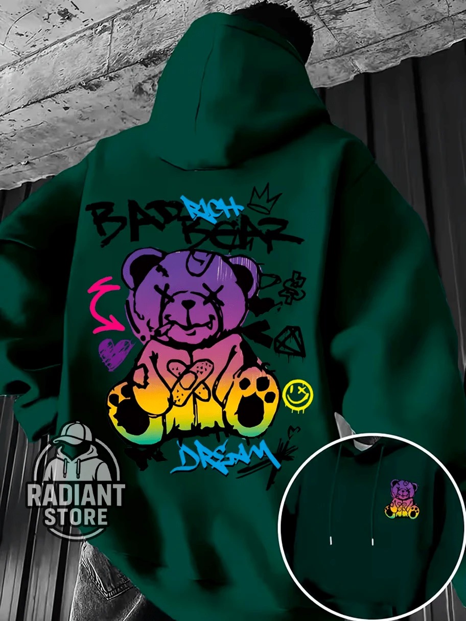Comfortable Basic Sweatshirt For Everyday Wear, Bear Print, Street Style, Colorful Animal Print, Streetwear Art, Urban Culture, Street Fashion, Street, Graffiti, Skater, Unisex, Men's And Women's Sweatshirt, 50% Cotton 50% Polyester, Premium Streetwear Top, New Release, Immediate Shipping, Various Colors!! - 軍綠色 - 查看 1