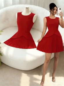 Women's Summer Solid Color Elegant Minimalist Patchwork Pleated Hem Sleeveless Dress Red - Red - View 4