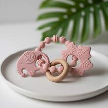 ETETOO 1pc Pink Flower Rabbit Textured Silicone Wooden Teething Ring, Baby Sensory Teether, Relieve Teething Pain - Multicolor - View 9