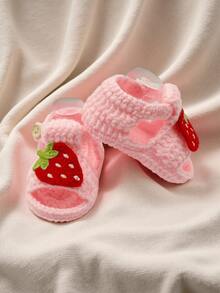 1 Pair Handmade Crochet Infant Sandals, White With Strawberry Pattern Decor, Soft Knitted Booties With Button - Baby Pink - View 6