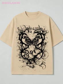 Women's 100% Cotton "Butterfly Grunge" Retro Graphic Print T-Shirt  Y2K Goth Short Sleeve Casual Tee - 杏色 - 查看 2