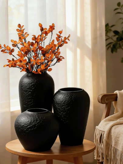 Rustic Farmhouse Style Vase For Home Decor - 7-Inch Faux Terracotta Bohemian Style Decorative Vase, Round Terracotta Bowl-Shaped Vase With Black Glaze, Suitable For Living Room, Table, Shelf, And Dining Table Decoration.