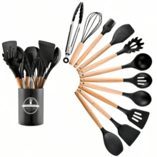 12件套多功能木柄硅胶厨具套装，包括汤勺、铲子、烘焙用具、刮刀、意面夹，带收纳桶 - 彩色 - 查看 9