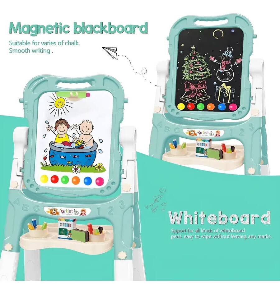 Juego De Caballete Para Niños, Con Tablero Magnético Doble Cara,caballetes De Arte Para Niños De Altura Ajustable, Pizarra Blanca Y Negra De Doble Cara Con Rotación De 360° Azul - Celeste - Ver 1