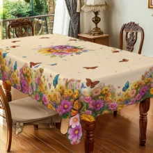 1pc Polyester Floral & Butterfly Pattern Tablecloth, Includes Round, Rectangular And Square Designs. Suitable For Kitchen, Wedding, Party And Outdoor Picnic Use, Washable Decorative Tablecloth. - A - View 7