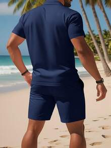Plus Size Men 2-Piece Set Casual Sports Printed Polo Shirt And Shorts, Suitable For Daily, Outdoor, And Commuting - Royal Blue - View 3